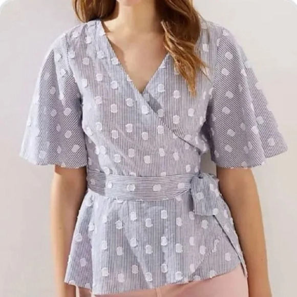LOFT Blue White Striped Dot Flutter Sleeve Wrap Blouse LP - Picture 1 of 12